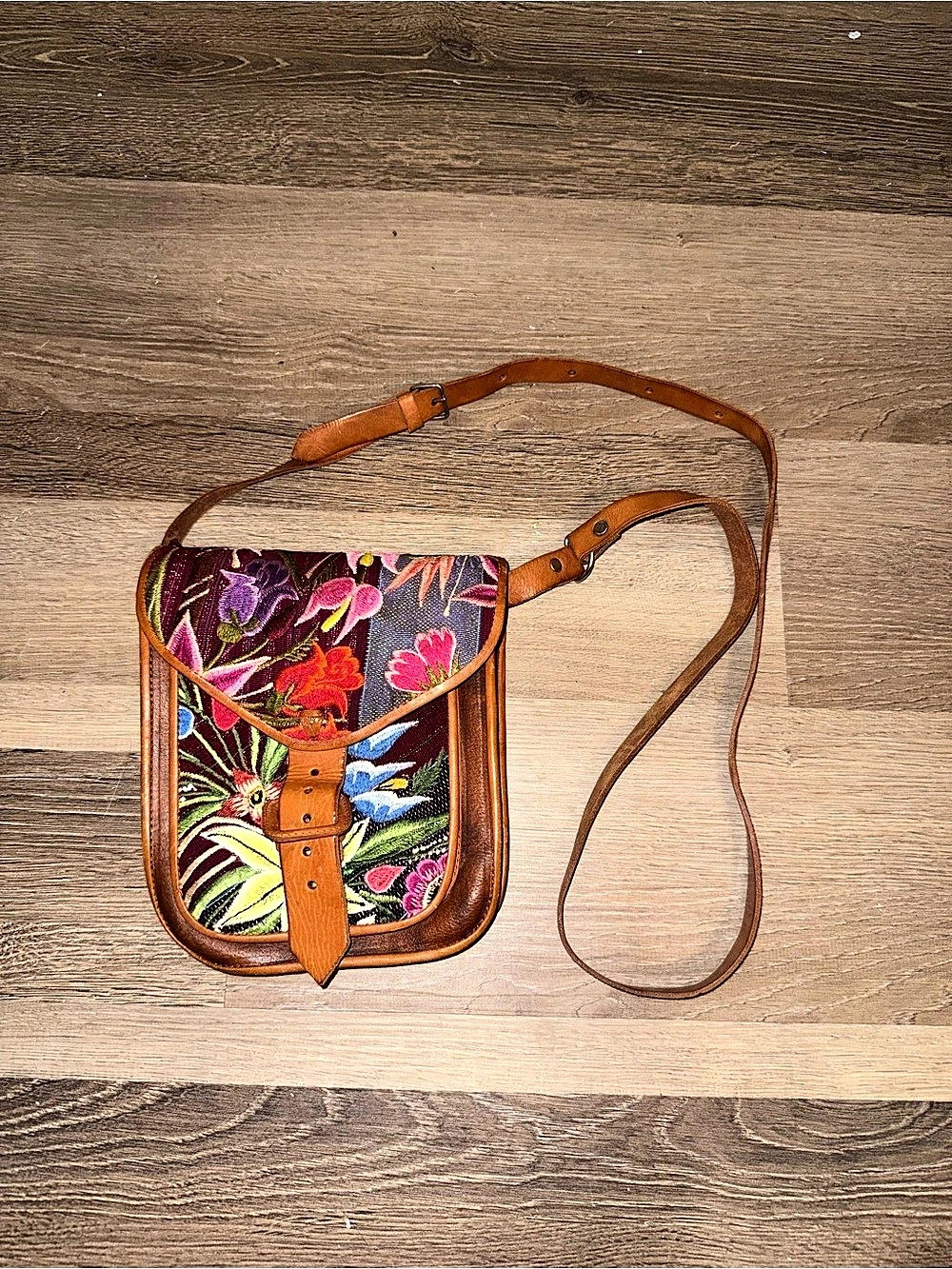 Floral Embroidered Crossbody Bag in Brown & Multicolor